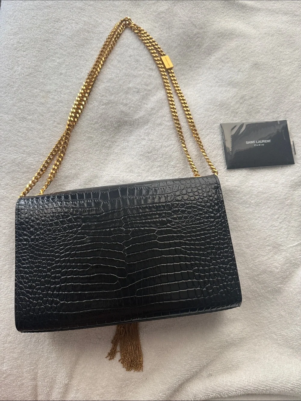Saint Laurent Black Croc-Embossed Shoulder Bag with Gold Chain and YSL Tassel